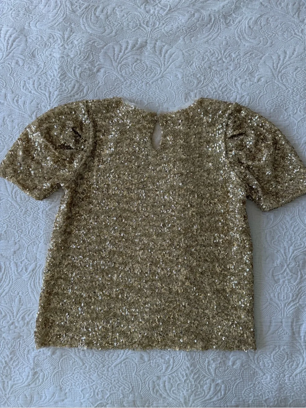 Zara Gold Sequin Puff Sleeve Top - Shimmery Short Sleeve Tee